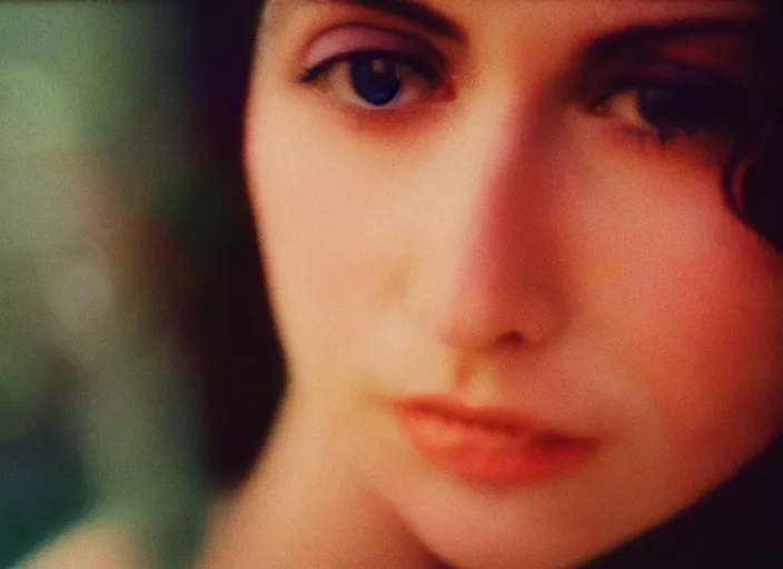 Prompt: close-up color film photography 1970 of woman in style of nan goldin, soft focus, golden hour, soft light, 35mm, film photo