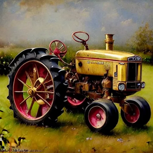 Image similar to ( ( ( ( ( royal farm tractor, oranted with gold and jewels. muted colors. ) ) ) ) ) high resolution, high quality, by jean - baptiste monge!!!!!!!!!!!!!!!!!!!!!!!!!!!