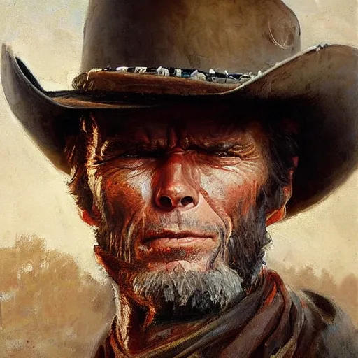 Image similar to Solomon Joseph Solomon and Richard Schmid and Jeremy Lipking victorian genre painting portrait painting of Clint Eastwood a rugged cowboy gunfighter old west character in fantasy costume, rust background