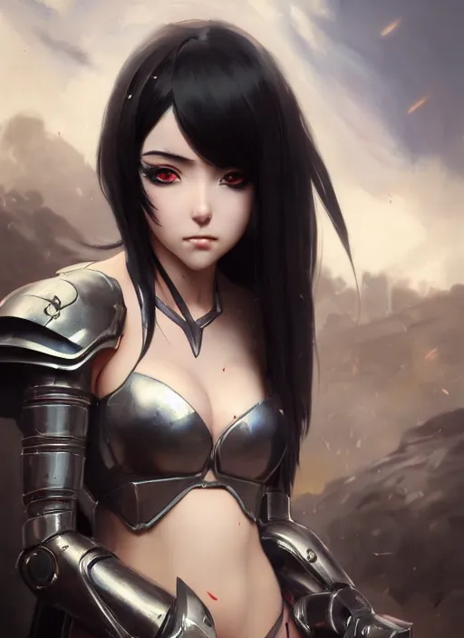 Image similar to Portrait of Anime girl with black hair, she is wearing metal armor around her chest and waist, realistic, detailed, 4k by Greg Rutkowski Mark Arian trending on artstation