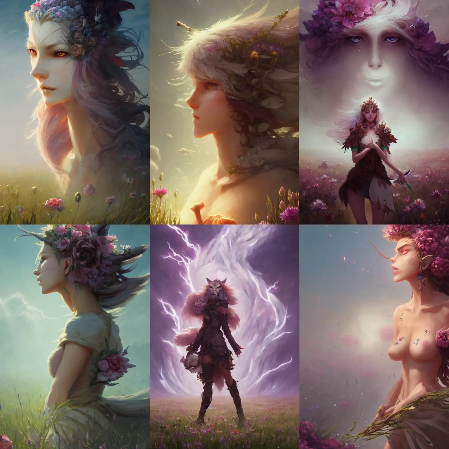 Prompt: A high fantasy wolf girl standing in the middle of the field of flowers, by Peter Mohrbacher and Craig Mullins, face close up, official media, beautiful, detailed, high quality, wallpaper 4K, epic, trending on artstation and behance, cinematic, dynamic lightning