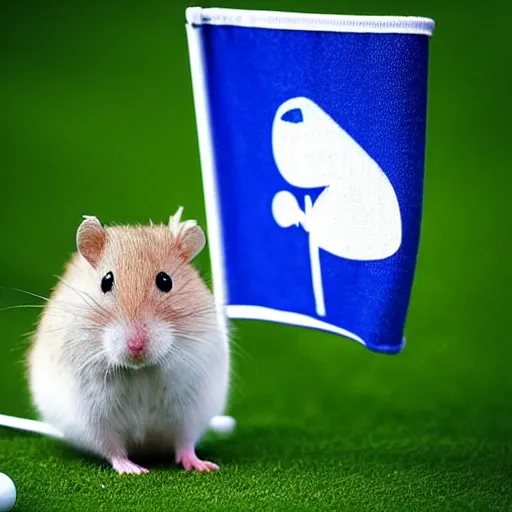 Image similar to “ hamster coming out of a golf hole, golf flag next to the hole ”