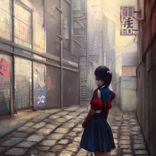 Image similar to a perfect, realistic professional oil painting of a Japanese schoolgirl posing in a dystopian alleyway, close-up, by a professional American senior artist on ArtStation, a high-quality hollywood-style concept