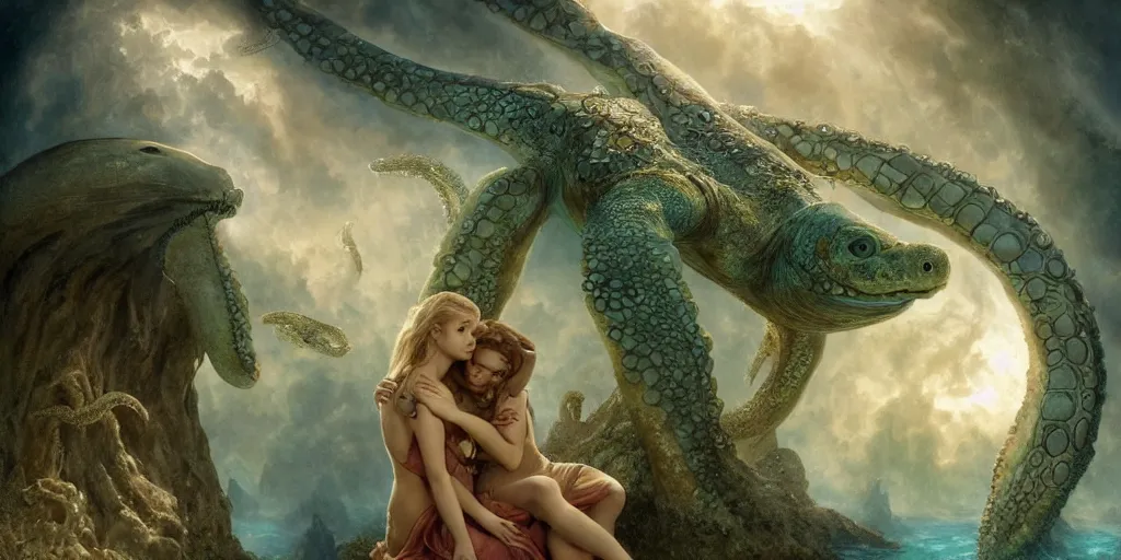 Image similar to Fantasy fairytale story, Great Leviathan Turtle, cephalopod, Cthulhu Squid, Mysterious Island, center Universe, accompany hybrid, Cory Chase, Blake Lively, Anya_Taylor-Joy, Grace Moretz, Halle Berry, Mystical Valkyrie, Anubis-Reptilian, Atlantean Warrior, intense fantasy atmospheric lighting, hyperrealistic, William-Adolphe Bouguereau, François Boucher, Jessica Rossier, Michael Cheval, michael whelan, Cozy, hot springs hidden Cave, Forest, candlelight, natural light, lush plants and flowers, Spectacular Mountains, bright clouds, luminous stellar sky, outer worlds, Solar Flare Unreal Engine, HD,