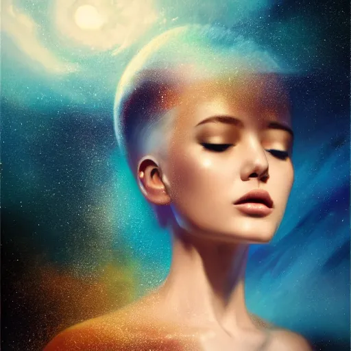 Prompt: sci - fi, 3 d, stars, blonde fashion model face star skin, cinematic, clouds, moon rays, vogue cover style, poster art, blue mood, realistic painting, intricate oil painting, high detail illustration, figurative art, multiple exposure, water, 3 d, by tooth wu and wlop and beeple and greg rutkowski