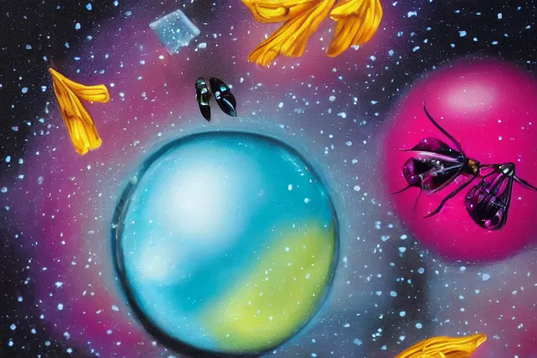 Image similar to hyperrealism oil painting, close - up ice cube with black flowers and fireflies, gradient mixed with nebula sky, in style of baroque