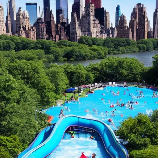 Image similar to photo of a large water park with numerous slides and water rides inside of central park. the new york city skyline is shown in the background.