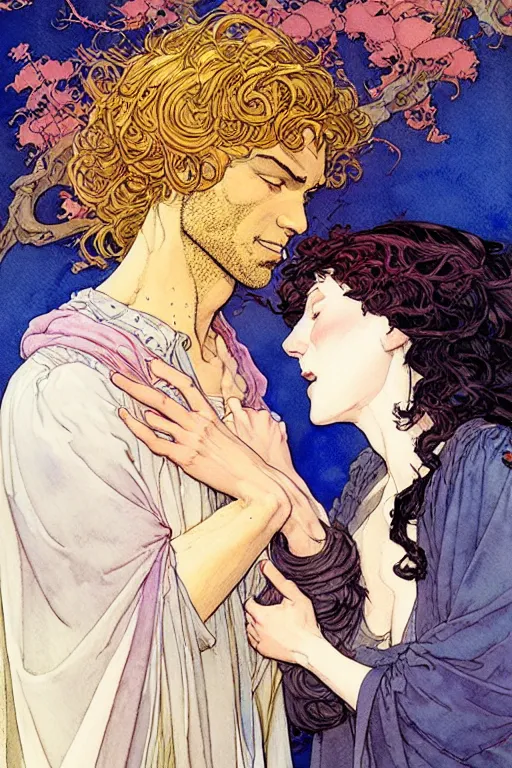 Image similar to a hyperrealist watercolour character concept art portrait of young lovers forgiveness. love. union. by rebecca guay, michael kaluta, charles vess and jean moebius giraud