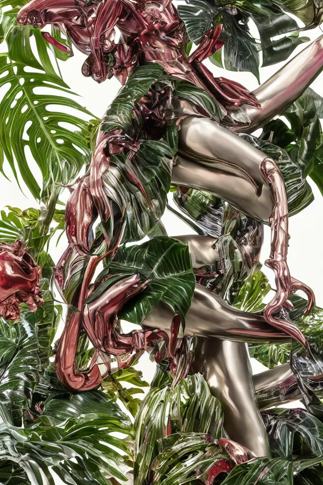 Prompt: extreme close - up of a chrome cyborg nymph vinetria statue with long flowing hair wrestling with a giant flamingo, tropical monstera medinilla magnifica flower plants, thick pigmented smoke, by jeff koons, hajime soryama, boris vallejo, artgerm, greg rutkowski, alphonse mucha