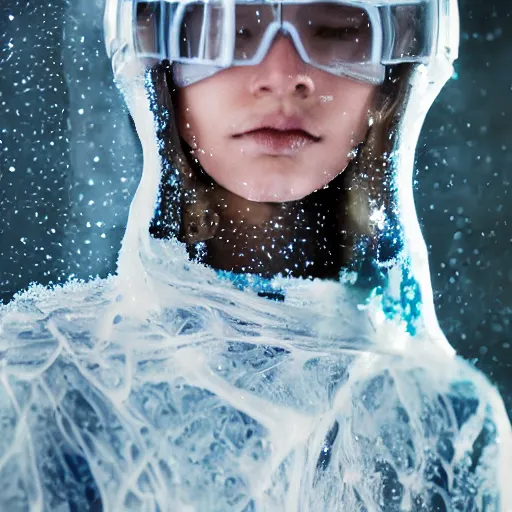 Prompt: futuristic female soldier eyes closed partly submerged in highly viscous clear fluid, frost particles, ice needles, cold blue light, complex hyperdetailed technical suit. white hair flowing. reflection. rays and dispersion of light. volumetric light. 5 0 mm, f / 3 2. noise film photo. ultra realistic, wide angle.