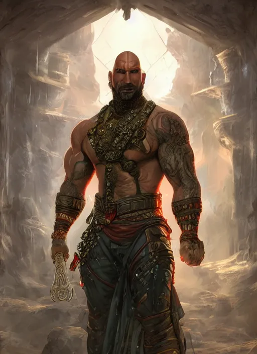 Image similar to A fantasy comic book style portrait painting of Dave Bautista as epic warrior in a stunning fantasy fortress, unreal 5, DAZ, hyperrealistic, octane render, RPG portrait, dynamic lighting