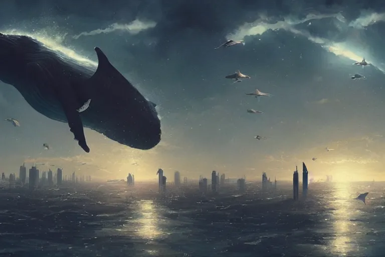 Image similar to whales in the sky above the city, digital art, trending on artstation, by greg rutkowski