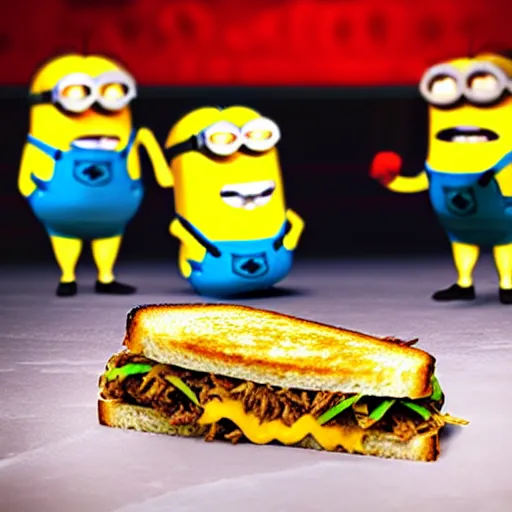 Image similar to taco and grilled cheese in an epic boxing match being spectated by minions, hyperre