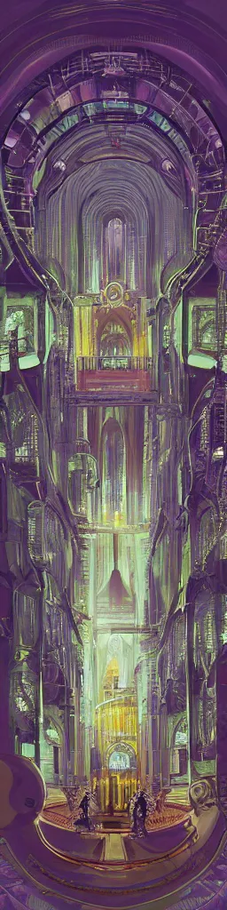 Prompt: Interplanetary cathedral snake oil engineering alchemical locomotive pharmaceutical industrial petroleum oil rig apothecary bull run serum cathedral, fantasy, portrait, sharp focus, intricate, elegant, digital painting, artstation, matte, highly detailed, concept art, illustration, volumetric lighting, purple green color scheme, art by Ilya Kuvshinov, artgerm