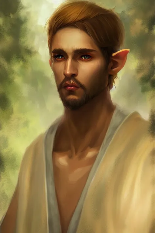 Prompt: beautiful, digital art, portrait painting of a male elf wizard, wearing linen cloth. forest background. artstation, by jisu choe