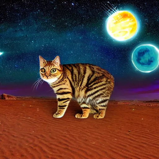 Image similar to a cosmic tabby cat in the desert