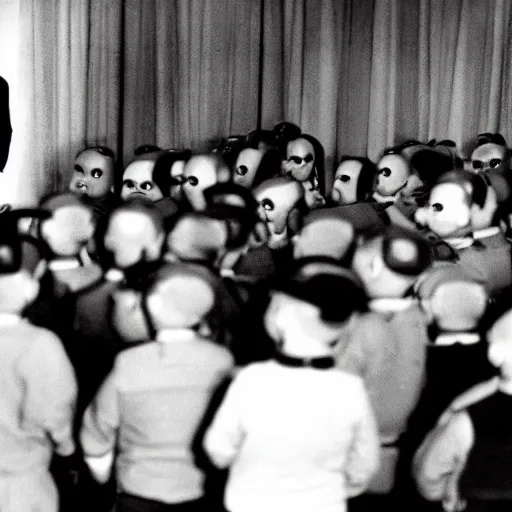 Image similar to adolf hitler speaking to a room full of the minions from despicable me