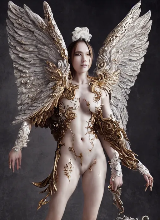 Prompt: high intricate porcelain baroque stunning woman body sensual angelic warrior big wings fighting the army of the demon lord, 8 k, glitter skin very white hyperrealistic hyperdetailed wet skin dark fantasy colours maria panfilova, andrea savchenko, sensual mike kime, ludovic plouffe, qi sheng luo, oliver cook, trending on artstation