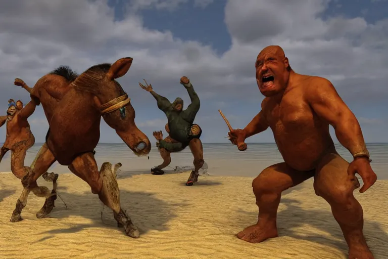 Image similar to photo, two fat ugly old men fight horse mutants 4 0 1 2 7 on a beach, highly detailed, scary, volumetric lighting, front view