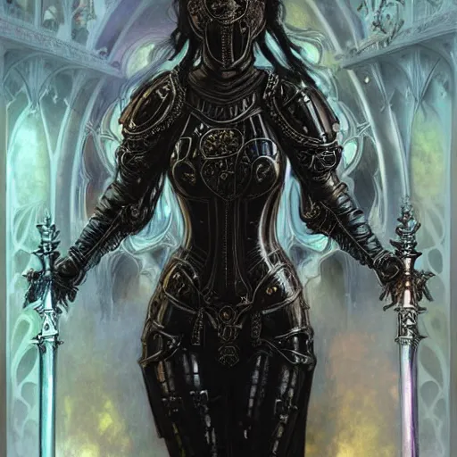 Prompt: beautiful victorian and luxury and goddess and gothic female medieval Black armor knight portrait+shiny eyes+front face with light flowing hair, ultradetail face, ruined gothic cathedral, art and illustration by tian zi and craig mullins and WLOP and alphonse mucha, ssci-fi, fantasy, intricate complexity, human structure, hypermaximalist, fantasy character concept, dynamic lighting, neon light, watermark, blurry, hyperrealism 8k