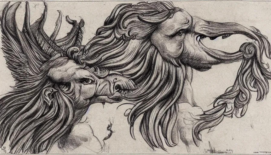 Image similar to human / eagle / lion / ox hybrid. horns, beak, mane, human body. drawn by da vinci