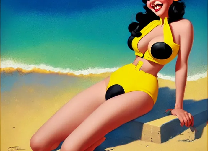 Image similar to the style of the artist gil elvgren, a girl with black hair, overwatch tracer, with a very beautiful symmetrical face, a smile on her face, tanned skin, in a yellow bikini, against the background of a sea beach, in art style, high detail, digital painting, hyperrealism