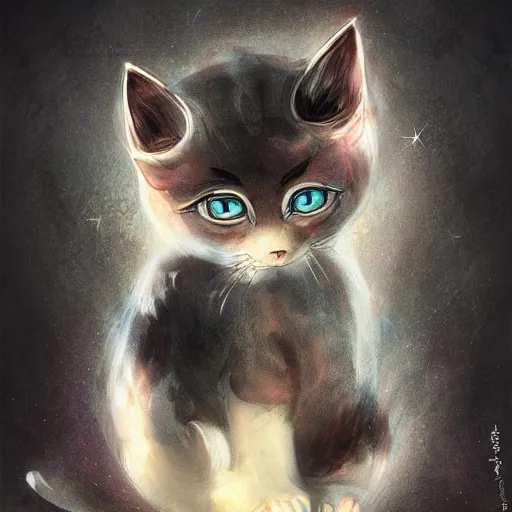 Prompt: anime portrait of kitten with eternal abyss backdrop, wide shot, trending on artstation, dramatic, studio ghibli, poster