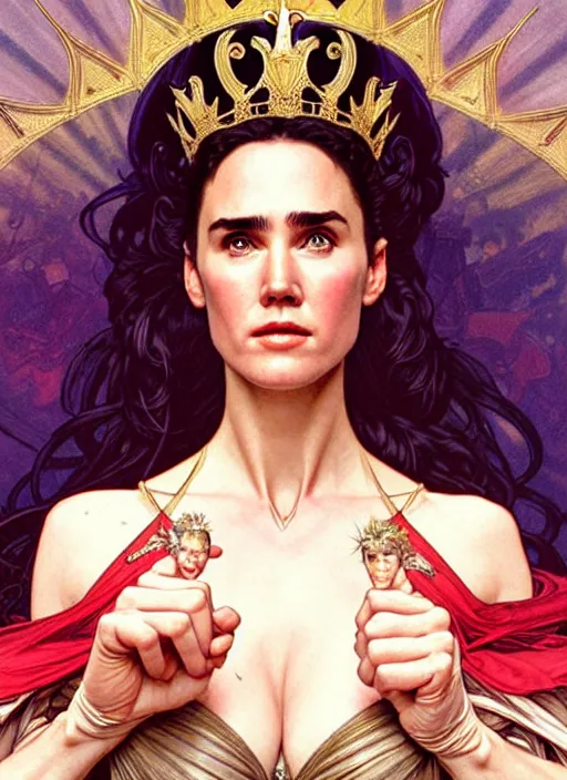 Prompt: young jennifer connelly as queen, incredibly detailed face, light half opened dress, true anatomy, art by artgerm and greg rutkowski and alphonse mucha