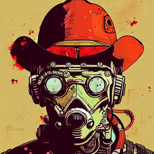 Prompt: biopunk cowboy from fallout new vegas, portrait illustration, pop art, splash painting, art by geof darrow, ashley wood, alphonse mucha, makoto shinkai, portrait