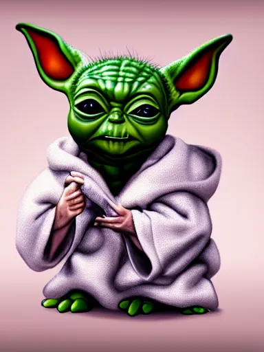 Prompt: baby yoda with red eyes smocking joint, digital painting, artstation, highly detailed