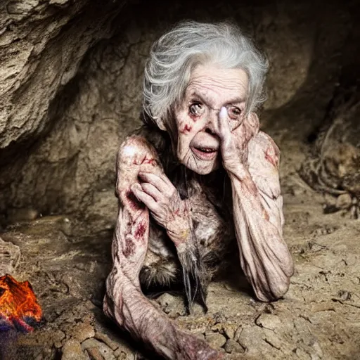 Prompt: an ultra realistic 8 k hdr photo of an elderly jagged raggedy witch woman crippled up and hunched over in a cave over a corpse with blood and meat and bones and mold and spider webs in the year 1 4 0 0