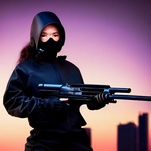 Prompt: photographic portrait of a techwear woman holding a shotgun, closeup, on the rooftop of a futuristic city at night, sigma 85mm f/1.4, 4k, depth of field, high resolution, full color, Die Hard, movies with guns, movie firearms, reference photos