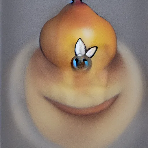 Prompt: an angry light-brown pear with a thick mustache and a bright halo around its head, wearing a general\'s uniform, high quality color pencil drawing