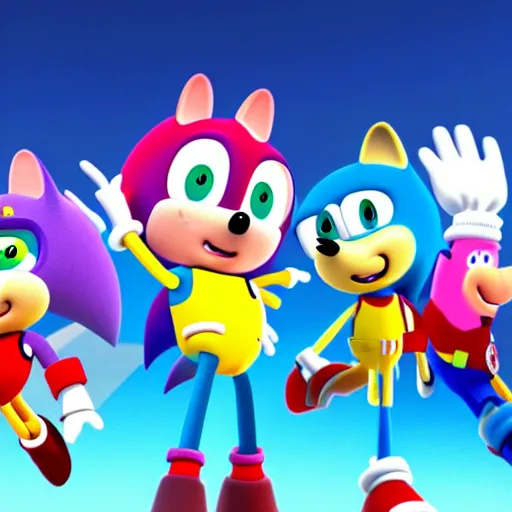 Image similar to sonic, peppa pig and the paw patrol crossover episode, cartoon network stillframe, hd, 4 k, hdr, smooth, sharp focus, high resolution, award - winning