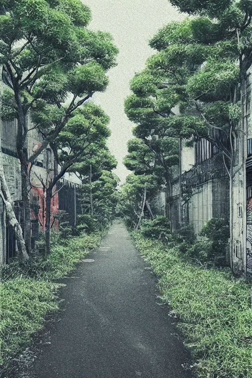 Image similar to (((((an abandoned city street, overgrown with plants and trees))))) by Tokyo Genso!!!!!!!!!!!!!!!!!!!!!!!!!!!