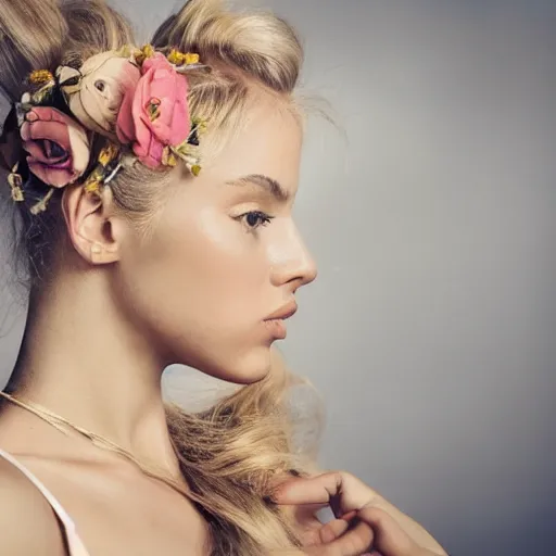 Prompt: vintage photograph of an olive skinned blonde female model in her twenties, her hair pinned up with flowers, wearing a designer top, looking content, focused on her neck, photo realistic, extreme detail skin, natural beauty, no filter, slr, golden hour, 8 k, high definition, selfie