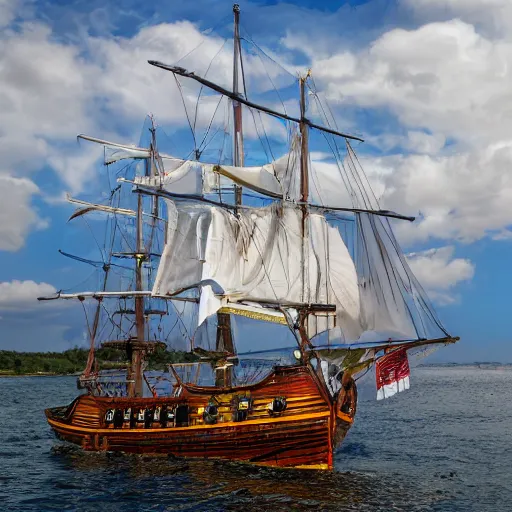 Prompt: a pirate ship with white sails and crimson hull with 3 masts, dslr photo