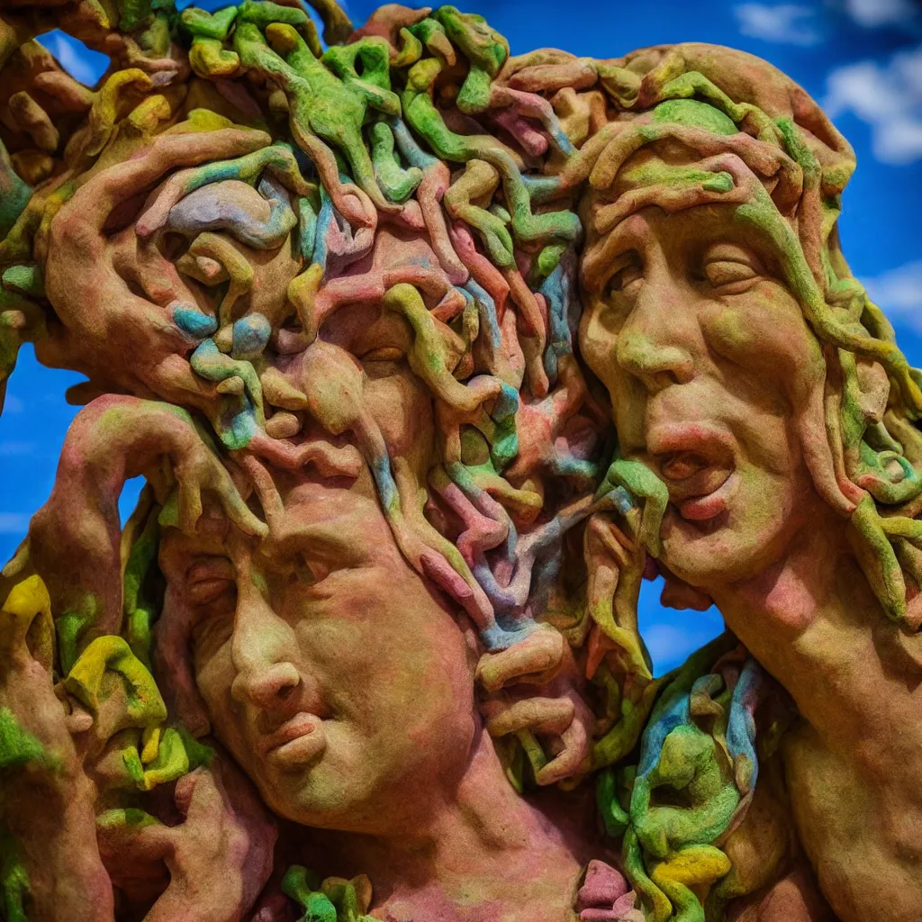 Prompt: detailed plasticine god in the garden of eden, sunlit, camera angled dramatically, psychedelic photograph, depth of field