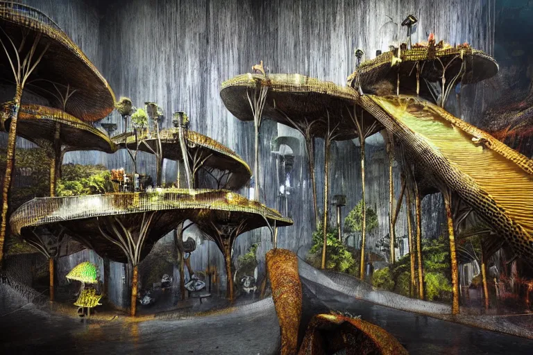 Image similar to favela fungus cathedral coaster hive, brutalist waterfall environment, industrial factory, terrifying, award winning art, epic dreamlike fantasy landscape, ultra realistic,