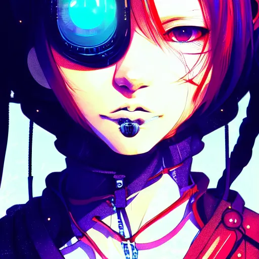 Image similar to by kyoto animation, cool girl wearing cyberpunk intricate streetwear, beautiful, detailed symmetrical close up portrait, intricate complexity, in the style of artgerm and ilya kuvshinov, cell shaded, 4 k, concept art, by wlop, krenz cushart, greg rutkowski, pixiv. cinematic dramatic atmosphere, cinematic lighting, studio quality