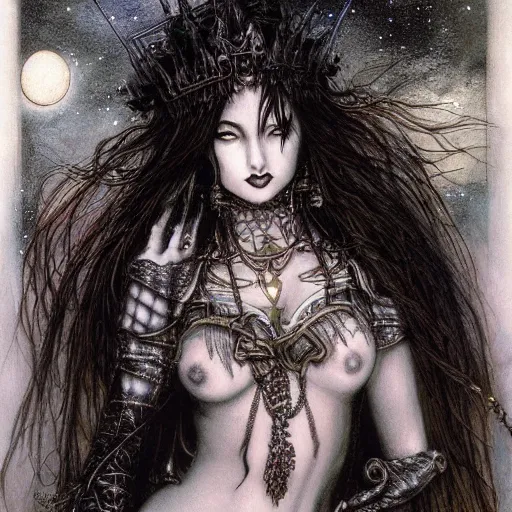 Image similar to Female Jester deity, salute to the moon, painting by Luis Royo