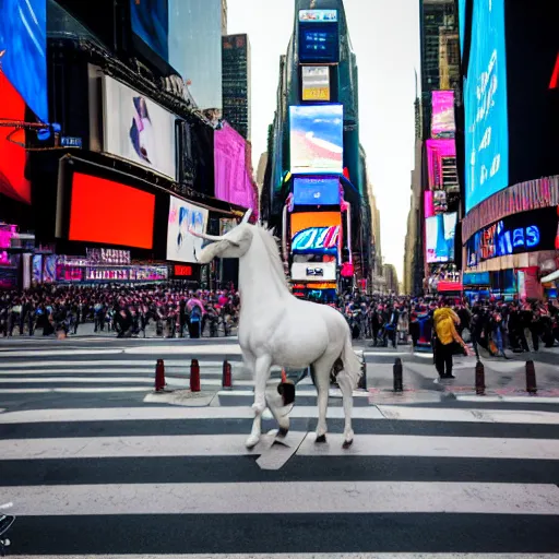 Prompt: Unicorn on Times Square, EOS-1D, f/1.4, ISO 200, 1/160s, 8K, RAW, unedited, symmetrical balance, in-frame