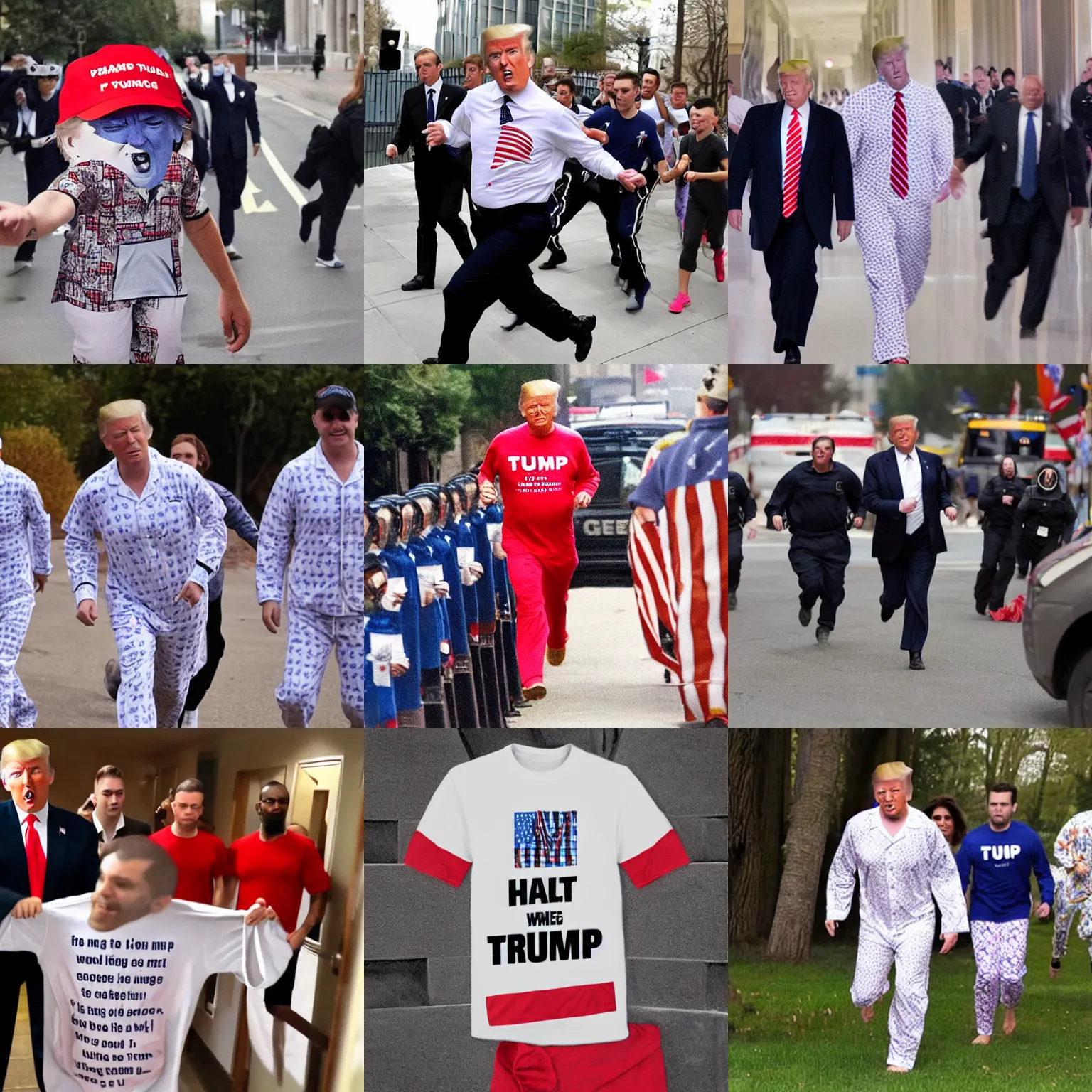 Prompt: donald trump running away from fbi agents in his heart printed pyjamas, detailed photograph