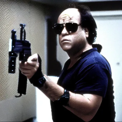 Prompt: a screenshot of Danny Devito playing The Terminator (1980s)