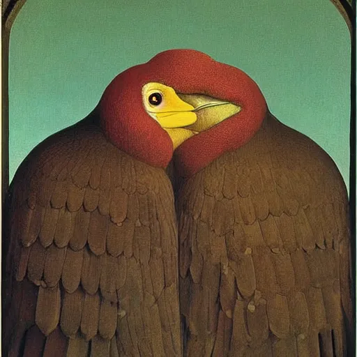 Image similar to portrait of a dramatic parot suffering, painting by Jan van Eyck, Audubon, Rene Magritte,