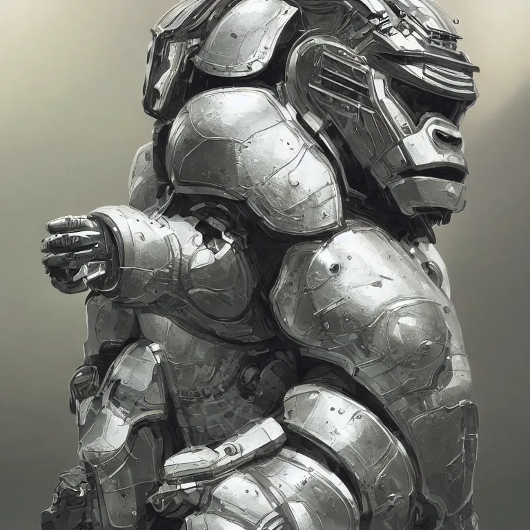 Image similar to detailed science-fiction character portrait of a silverback gorilla wearing a white armored space suit, intricate, wild, highly detailed, digital painting, artstation, concept art, smooth, sharp focus, illustration, art by artgerm and greg rutkowski and alphonse mucha