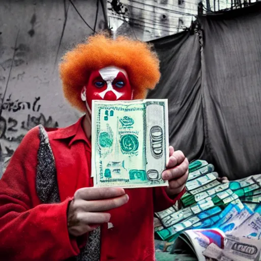 Image similar to A clown holding a dollar banknote, background is a slum, cinematic, epic, highly-detailed, photo realistic