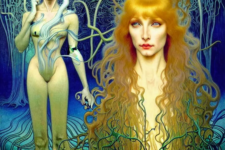 Image similar to realistic detailed portrait painting of a beautiful ghost woman with blond hair with an alien, futuristic sci-fi forest on background by Jean Delville, Amano, Yves Tanguy, Alphonse Mucha, Edward Robert Hughes, Roger Dean, rich moody colours, blue eyes