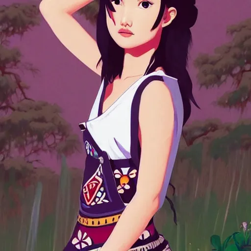 Image similar to a beautiful young japanese natalie portman alluring gravure model, stylized concept art, wearing elegant designer overalls, elegant overalls with mesoamerican patterns, mesoamerican native street fashion, princess mononoke, painted by jamie hewlett and ashley wood and mike mignola, aesthetic, gorgeous, stunning, alluring, attractive, artstation, pinterest, digital art