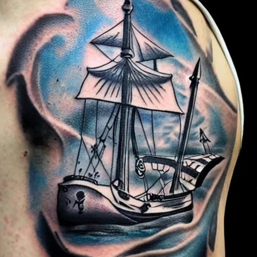 Image similar to A magical pirate ship tattoo realistic tattoo sketch on white background, hyper realistic shaded tattoo, award winning tattoo